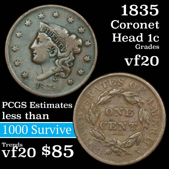 1835 Coronet Head Large Cent 1c Grades vf, very fine