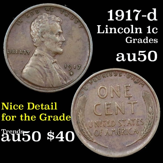 1917-d Lincoln Cent 1c Grades AU, Almost Unc