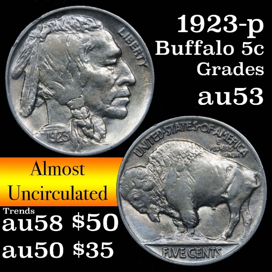 1923-p Buffalo Nickel 5c Grades Select AU
