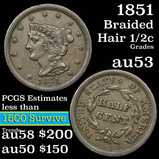 1851 Braided Hair Half Cent 1/2c Grades Select AU