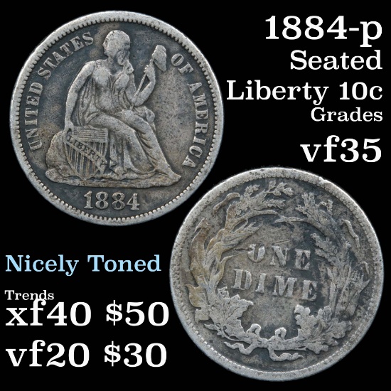 1884-p Seated Liberty Dime 10c Grades vf++