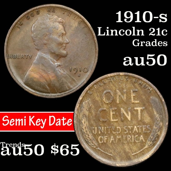 1910-s Lincoln Cent 1c Grades AU, Almost Unc