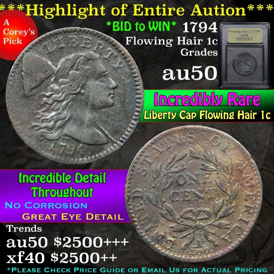 ***Auction Highlight*** 1794 Flowing Hair large cent 1c Graded AU, Almost Unc By USCG (fc)