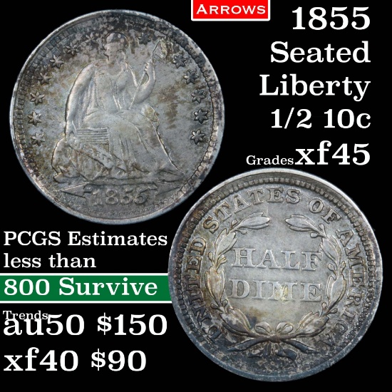 1855 Arrows Seated Liberty Half Dime 1/2 10c Grades xf+