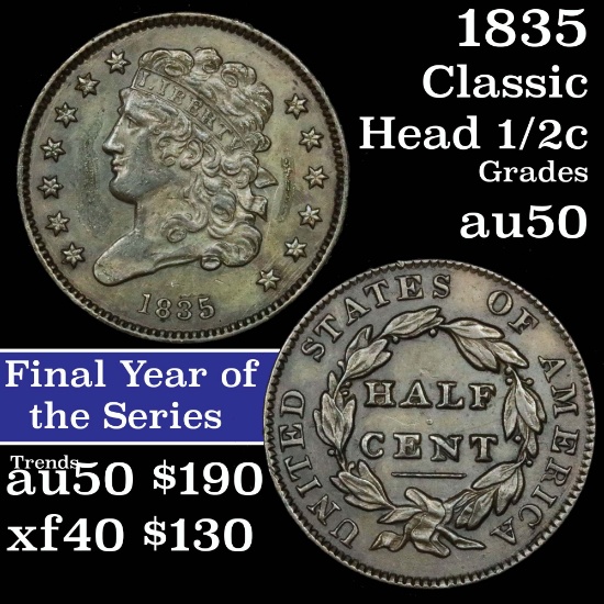 1835 Classic Head half cent 1/2c Grades AU, Almost Unc