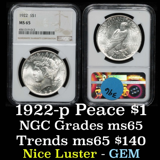 NGC 1922-p Peace Dollar $1 Graded ms65 By NGC