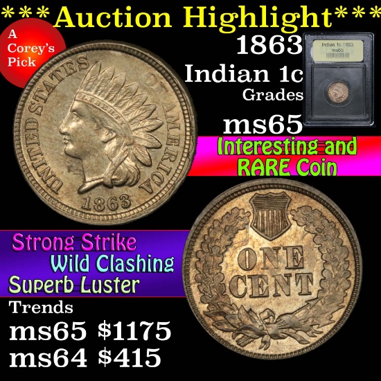 ***Auction Highlight*** 1863 Indian Cent 1c Graded GEM Unc By USCG (fc)