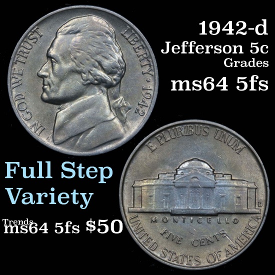 1942-d Jefferson Nickel 5c Grades Choice Unc 5fs