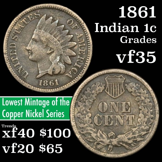 1861 Indian Cent 1c Grades vf++