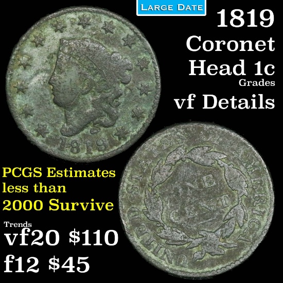 1819 Coronet Head Large Cent 1c Grades vf details