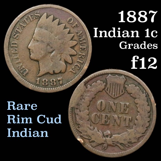 1887 with Rim Cud Indian Cent 1c Grades f, fine