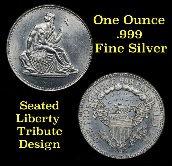 1 ounce .999 fine Silver Round in Seated Liberty Tribute Design