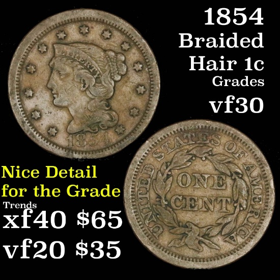1854 Braided Hair Large Cent 1c Grades vf++