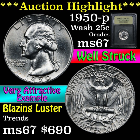 ***Auction Highlight*** 1950-p Washington Quarter 25c Graded GEM++ Unc By USCG (fc)