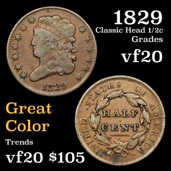 1829 Classic Head half cent 1/2c Grades vf, very fine