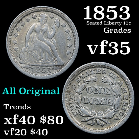 1853-p Seated Liberty Dime 10c Grades vf++