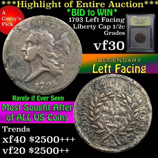 ***Auction Highlight*** 1793 Left Facing Liberty Cap Half Cent 1/2c Graded vf++ By USCG (fc)
