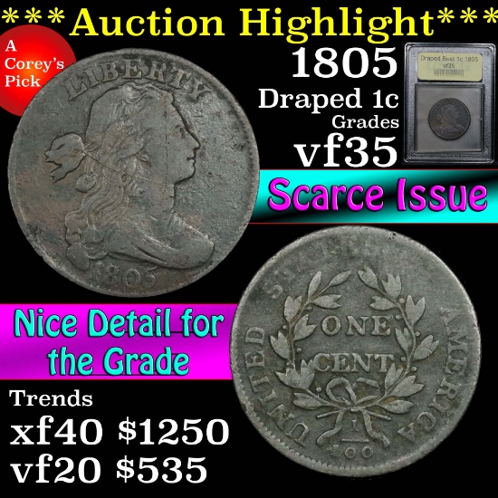 ***Auction Highlight*** 1805 Draped Bust Large Cent 1c Graded vf++ By USCG (fc)