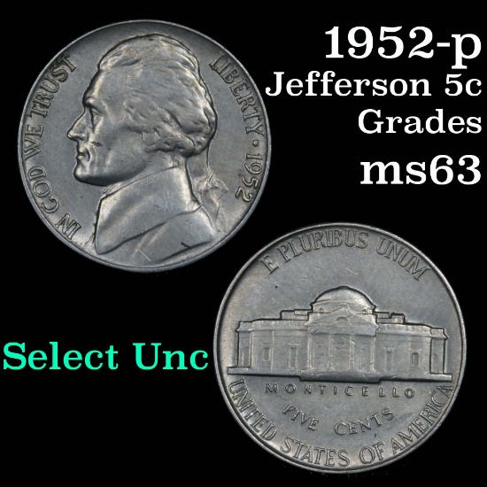 1952-p Jefferson Nickel 5c Grades Select Unc