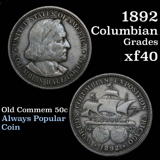 1892 Columbian Old Commem Half Dollar 50c Grades xf