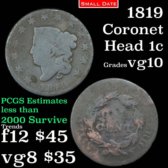 1819 Coronet Head Large Cent 1c Grades vg+