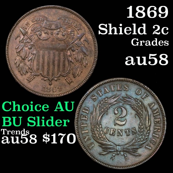 1869 2 Cent Piece 2c Grades Choice AU/BU Slider