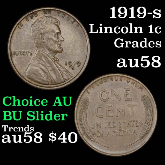 1919-s Lincoln Cent 1c Grades Choice AU/BU Slider