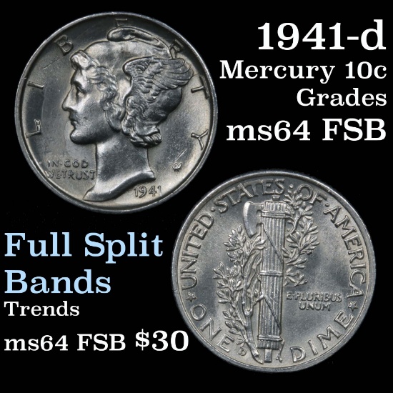 1941-d Mercury Dime 10c Grades Choice Unc FSB