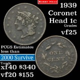 1839 Booby Head Coronet Head Large Cent 1c Grades vf+ (fc)