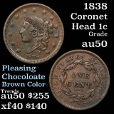 1838 Coronet Head Large Cent 1c Grades AU, Almost Unc (fc)