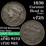 1836 Coronet Head Large Cent 1c Grades vf+