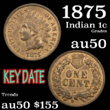 1875 Indian Cent 1c Grades AU, Almost Unc