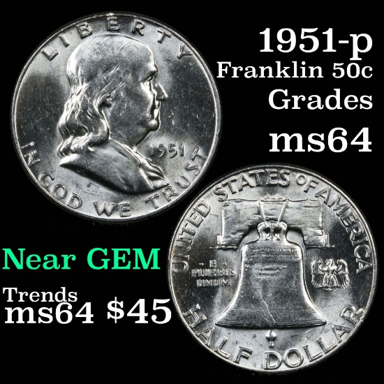 1951-p Franklin Half Dollar 50c Grades Choice Unc