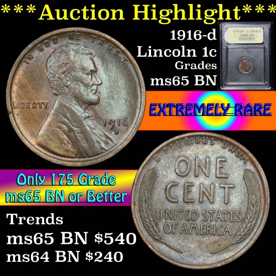 ***Auction Highlight*** 1916-d Lincoln Cent 1c Graded GEM Unc BN by USCG (fc)