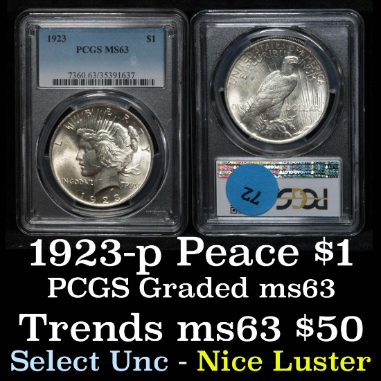 PCGS 1923-p Peace Dollar $1 Graded ms63 By PCGS