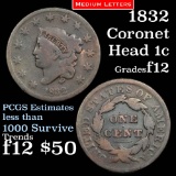 1832 Medium Letters Coronet Head Large Cent 1c Grades f, fine