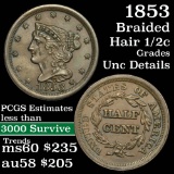 1853 Braided Hair Half Cent 1/2c Grades Unc Details