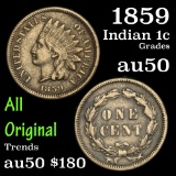 1859 Indian Cent 1c Grades AU, Almost Unc