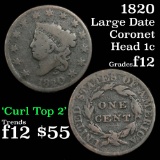 1820 Large Date, Curl Top 2 Coronet Head Large Cent 1c Grades f, fine