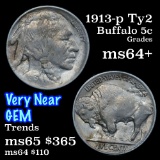 1913-p Ty2 Buffalo Nickel 5c Grades Choice+ Unc (fc)