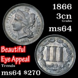 1866 3 Cent Copper Nickel 3cn Grades Choice Unc (fc)