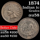 1874 Indian Cent 1c Grades Choice AU/BU Slider (fc)