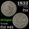 1832 Lg letters Coronet Head Large Cent 1c Grades f, fine