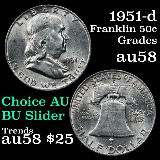 1951-d Franklin Half Dollar 50c Grades Choice AU/BU Slider