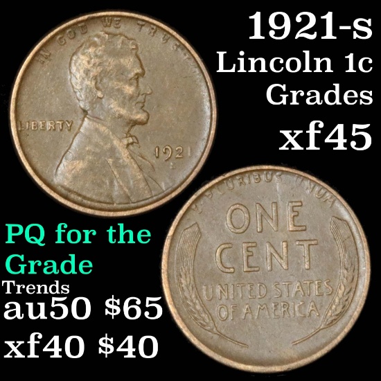 1921-s Lincoln Cent 1c Grades xf+