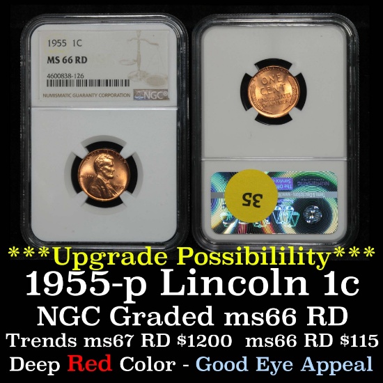 NGC 1955-p Lincoln Cent 1c Graded ms66 RD by NGC
