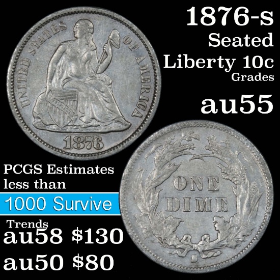 1876-s Seated Liberty Dime 10c Grades Choice AU