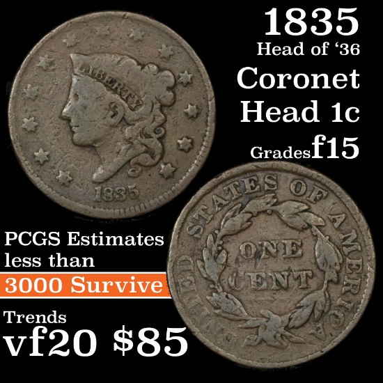 1835 Head of 1836 Coronet Head Large Cent 1c Grades f+