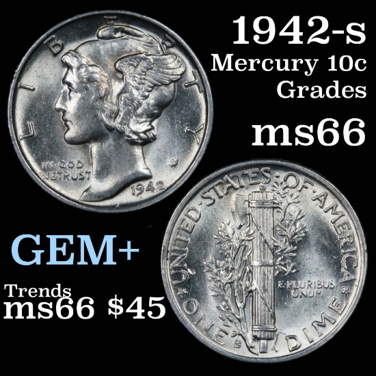 1942-s Mercury Dime 10c Grades GEM+ Unc