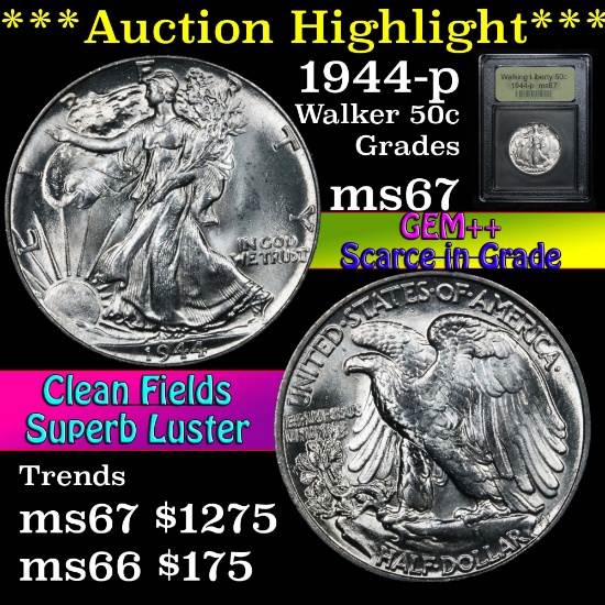 ***Auction Highlight*** 1944-p Walking Liberty Half Dollar 50c Graded GEM++ Unc By USCG (fc)